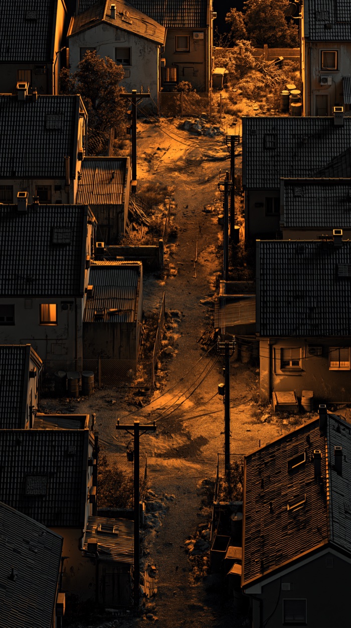 Une rue de quartier vue du ciel, entre les toits, sous une lumière ambrée