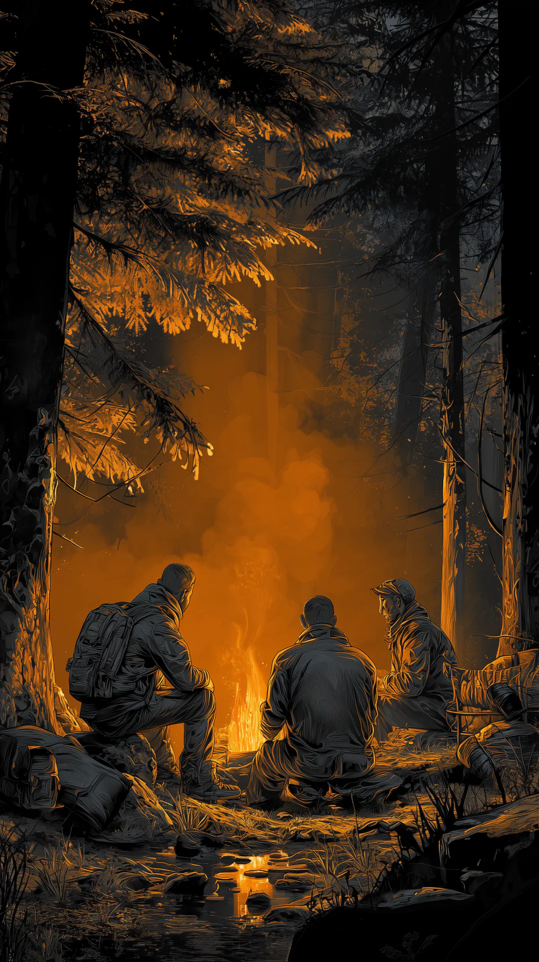 Trois survivants autour d'un feu, dans une forêt envahie de poussière